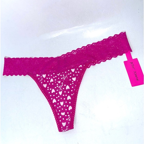 BETSEY JOHNSON Xoxo Heart Love & Polka Dots Barbie Pink Lace Waistband Thong NWT - Picture 8 of 11